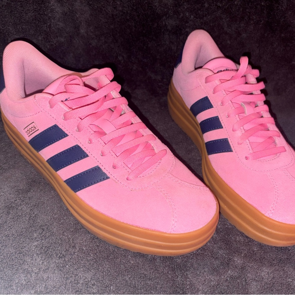 adidas Pink Suede Sneakers with Navy Stripes and Gum Sole